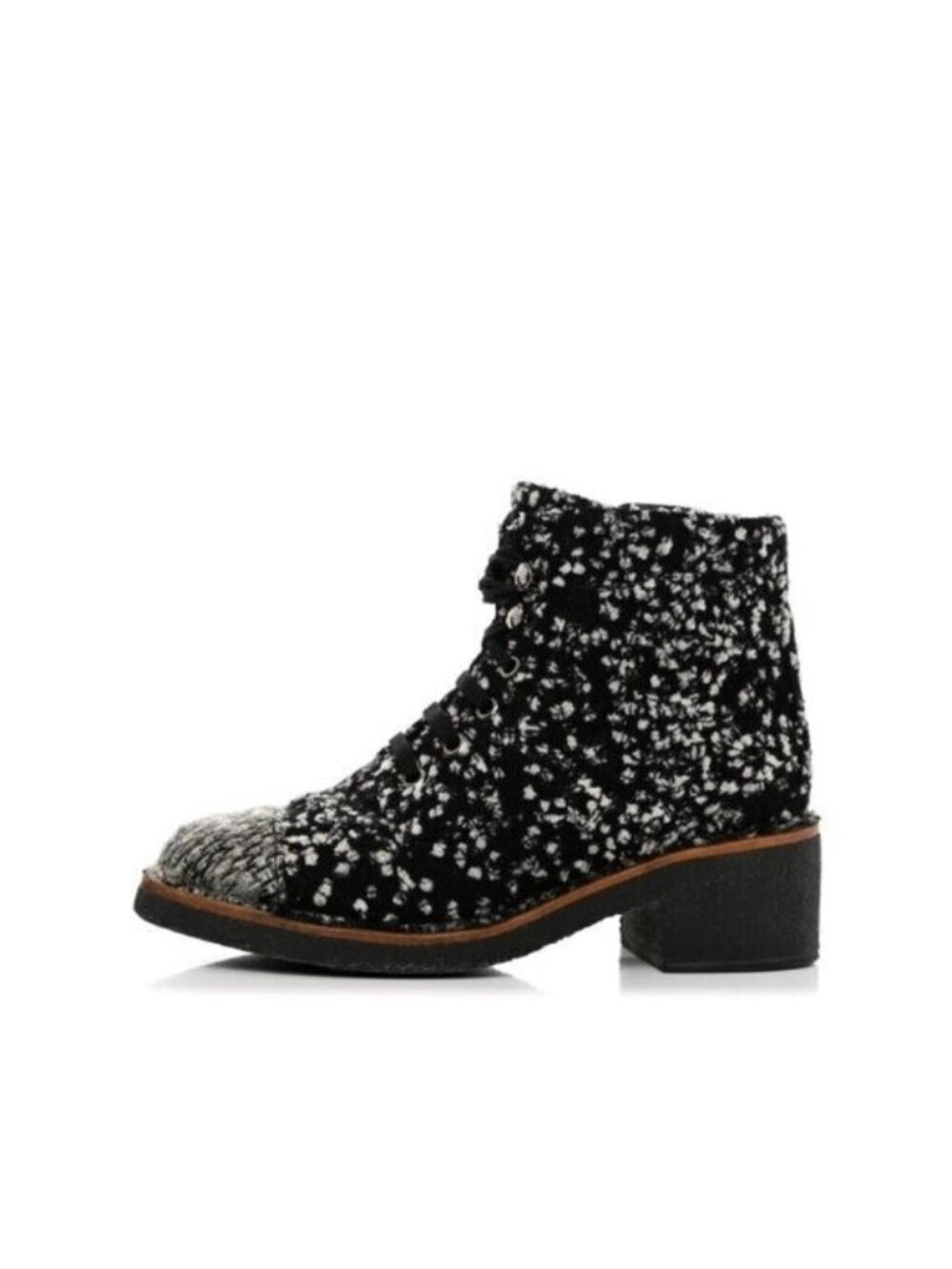 CHANEL 2014 Interlocking CC Logo Tweed Combat Boots Black Size 35